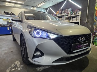 Hyundai Solaris установка линз Viper Zoom Z5 TRX Laser, ангельские глазки,лампы ДХО/поворот