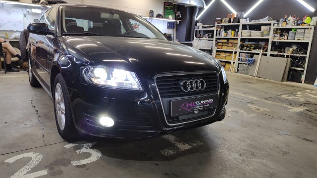 Audi A3 установка светодиодных bi-led линз MTF Dynamic Vision Style, замена стёкол фар