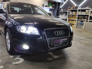 Audi A3 установка светодиодных bi-led линз MTF Dynamic Vision Style, замена стёкол фар